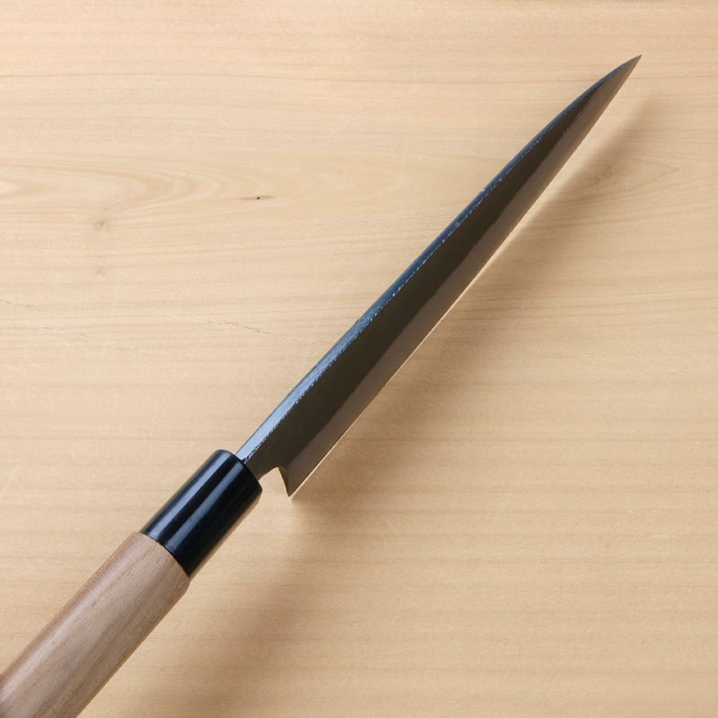 柳刃包丁 150mm 両刃 青紙スーパー 割込み 黒打ち仕上げ クルミ柄 規格外品 峰